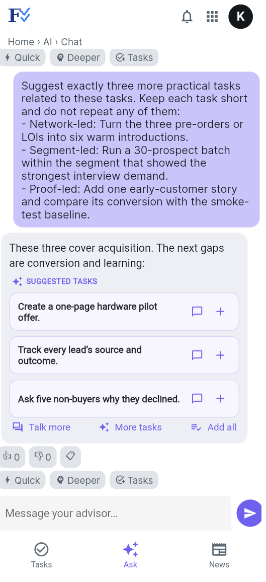 AI guidance screen in the FoundersCheckList.AI app