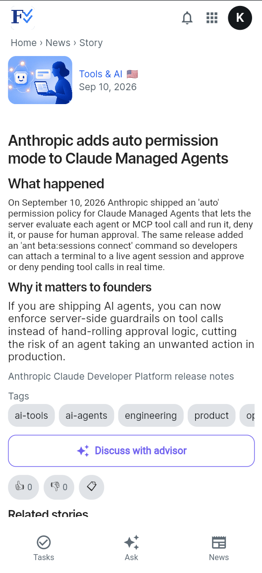 Founders News screen in the FoundersCheckList.AI app