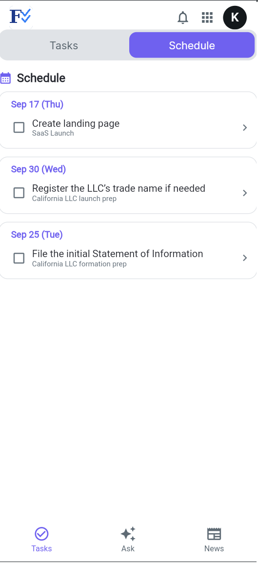 Schedule screen in the FoundersCheckList.AI app