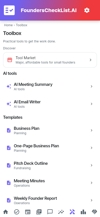 Toolbox screen in the FoundersCheckList.AI app