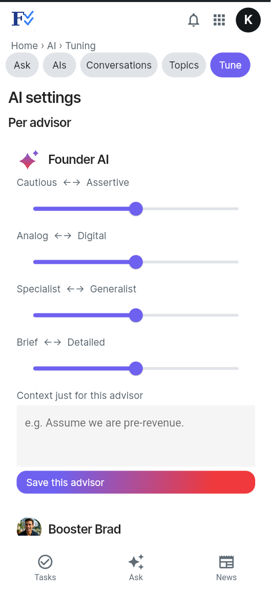 AI settings screen in the FoundersCheckList.AI app